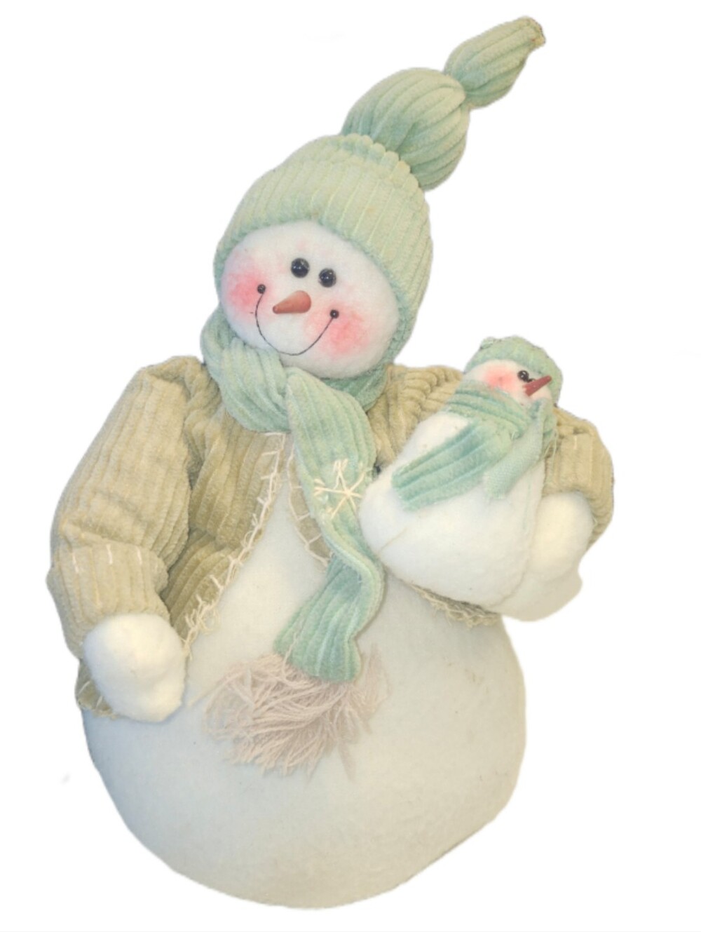 Freestanding Fabric Snowman With Baby, 12", Shabby Chic Rustic, Cream Tan Green
